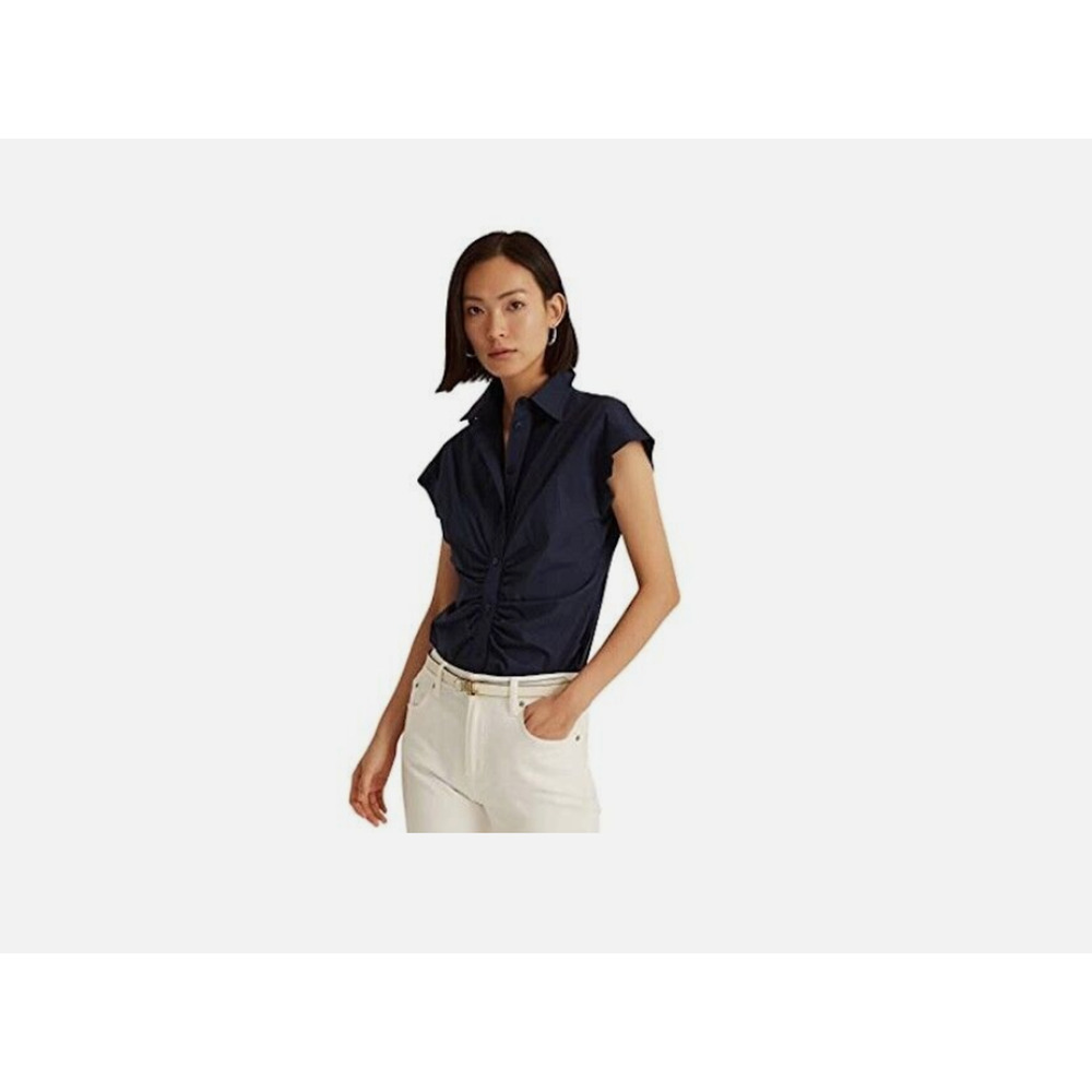 LAUREN Ralph Lauren Shirred Stretch Cotton Shirt Navy Size 10